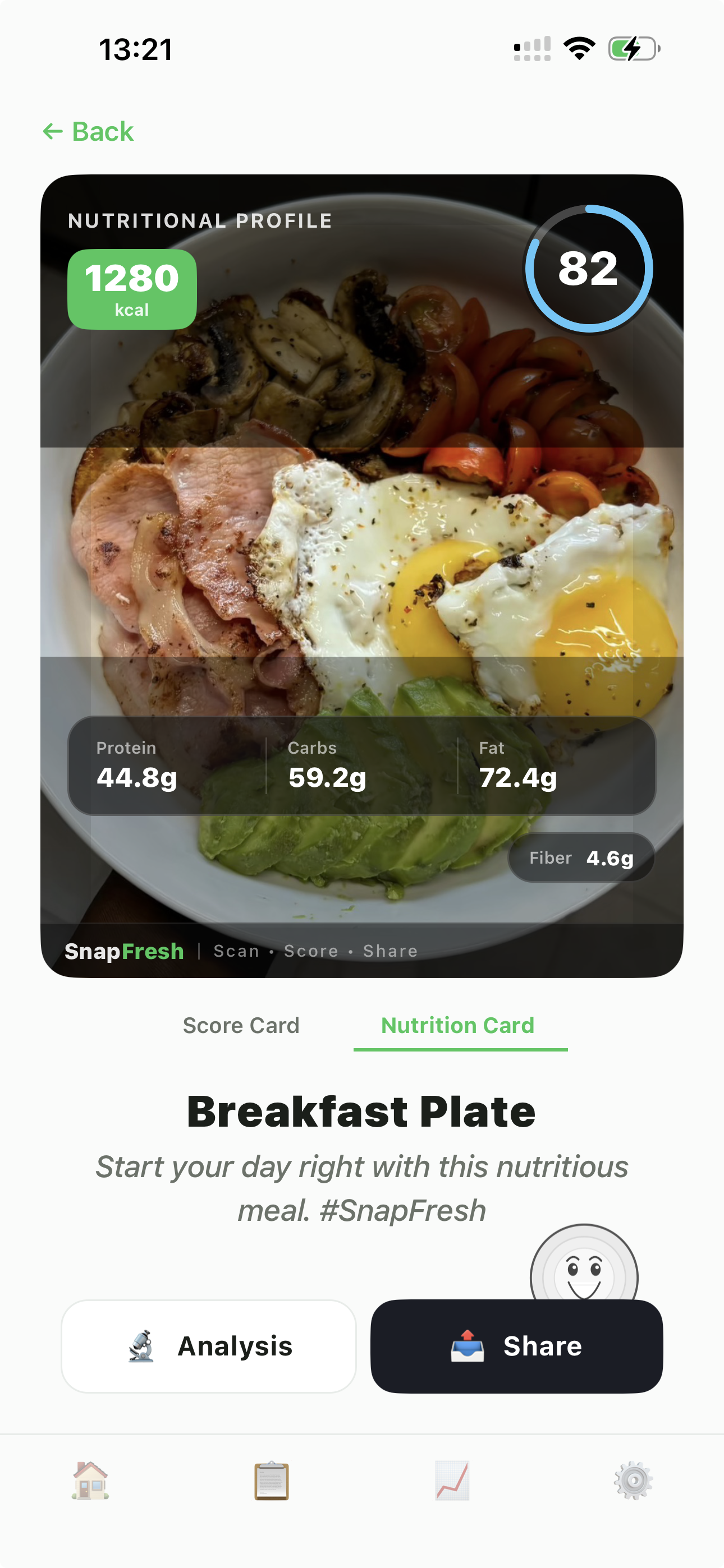 SnapFresh score screen showing calories, macros, and meal quality details