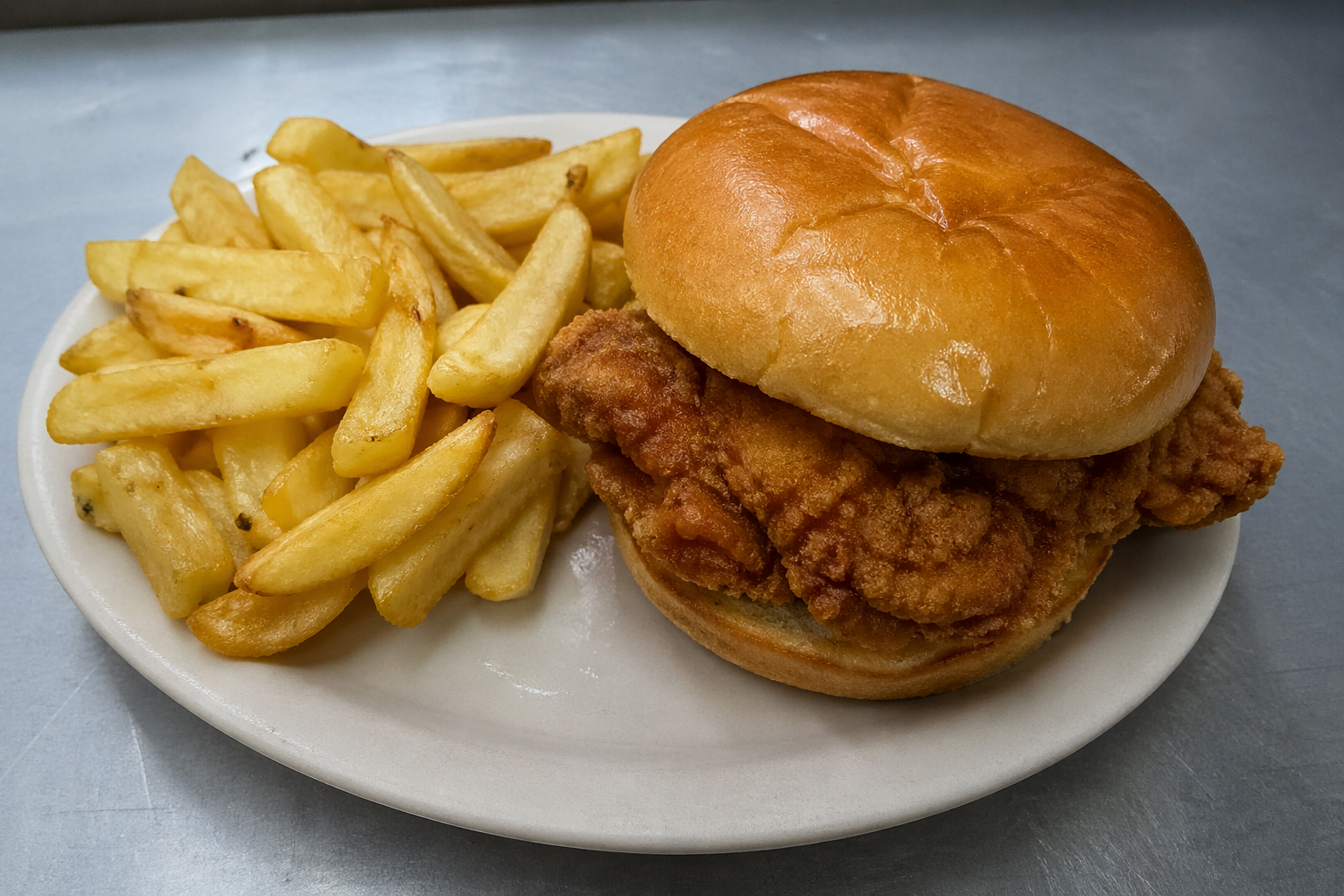 Fried chicken sandwich with chips on a plate
