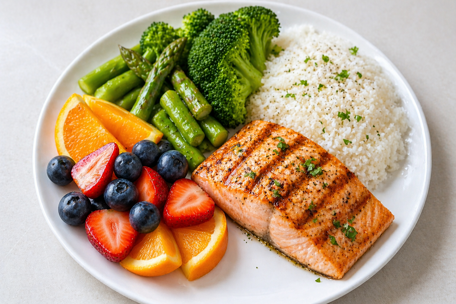 Grilled salmon with rice, greens, and fruit on a plate